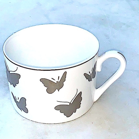 GRACES TEAWARE SILVER METALLIC BUTTERFLY’S FLAT CUP SAUCER SET NEW PORCELAIN - Picture 6 of 9